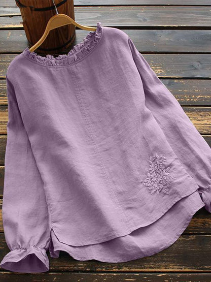 Women's Cotton Linen Solid Color Round Neck Long Sleeve Shirt