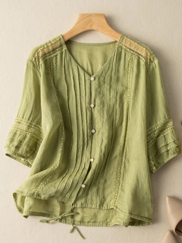 Pure Color V Neck 3/4 Sleeve Casual Linen Top