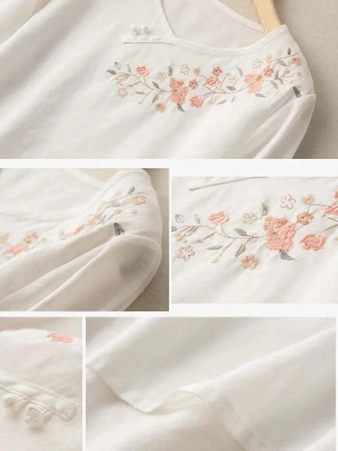 Women's Casual Button Embroidered Cotton Linen 3/4 Sleeve T-Shirt