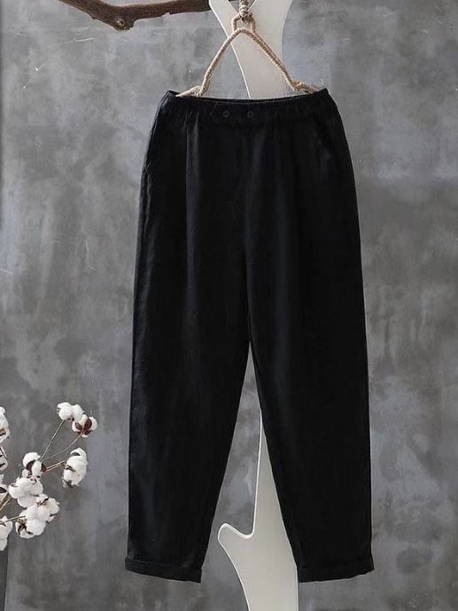 Women's Casual Solid Color Loose Imitation Cotton And Linen Cropped Carrot Pants