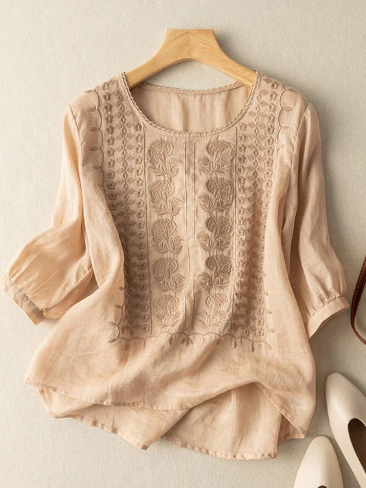 Embroidered Round Neck Half Sleeve Casual Linen Tee Top