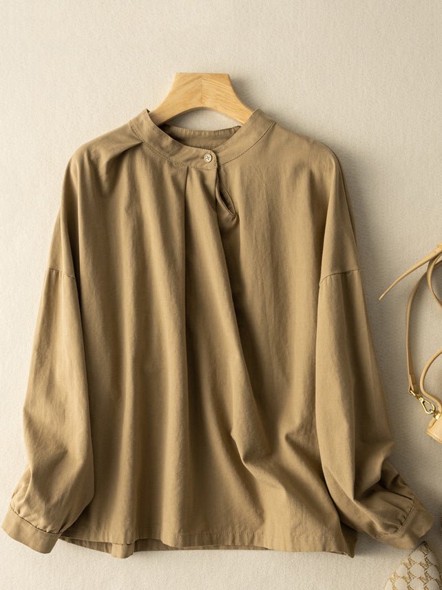 100% Natural Fabric Crew Neck Loose Long-Sleeved Shirt In Solid Color