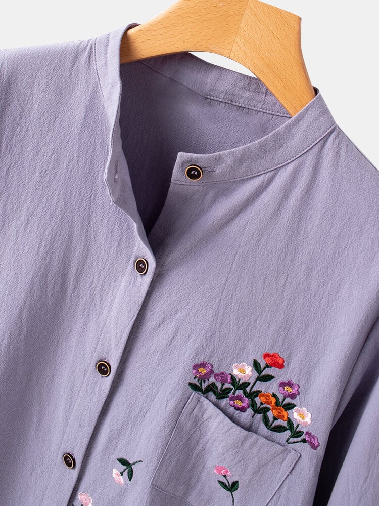 Casual Stand Collar Embroidered Blouse