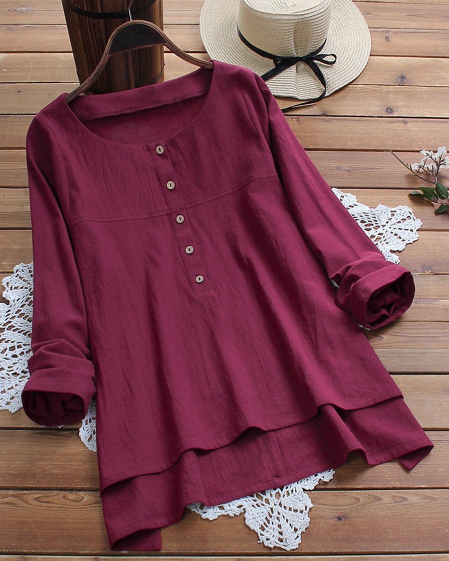 Solid Color Cotton Linen Button Casual Top