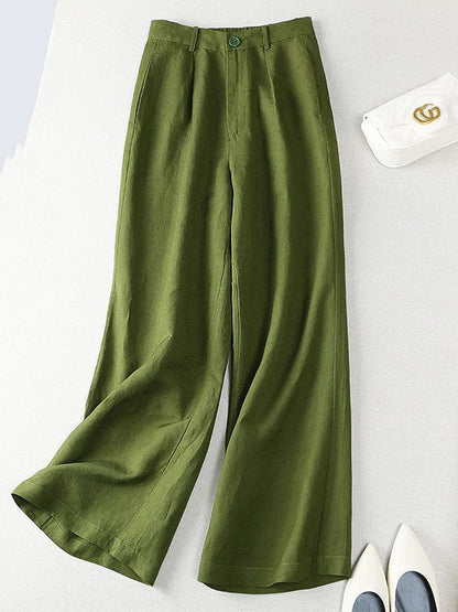 Casual Solid Color High Waist Linen Wide Leg Pants