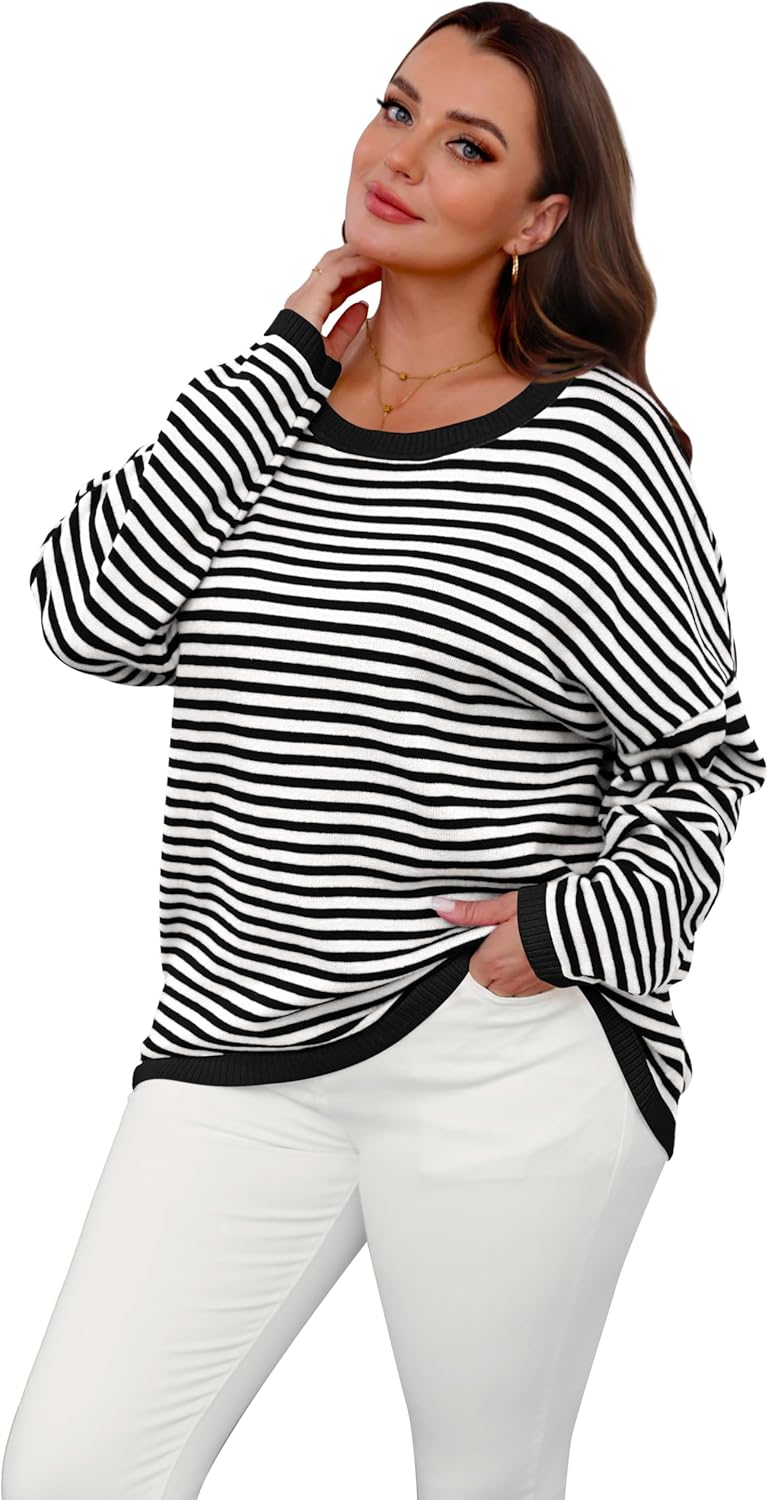 Womens Sweaters Dressy Casual Long Sleeve Tops Round Neck Striped Fashion