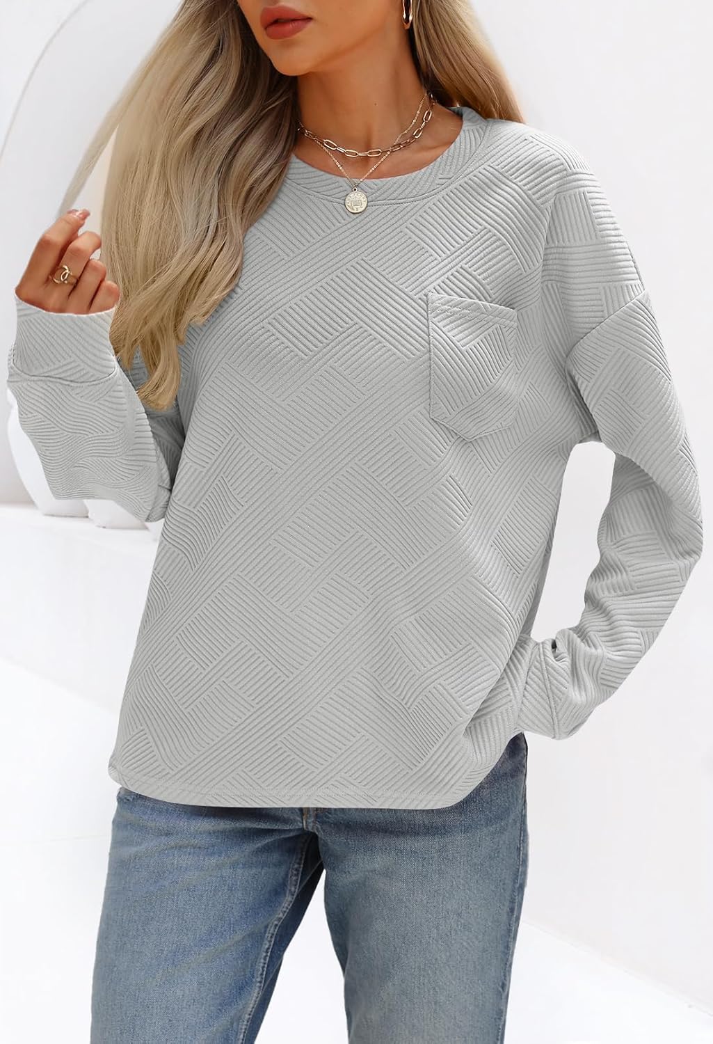 Women's 2024 Fall Long Sleeve Oversized T Shirt Casual Crewneck Basic Textured Pullover Sweatshirt Tops