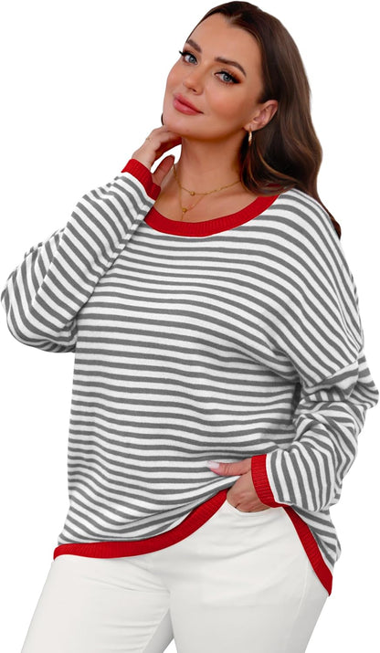 Womens Sweaters Dressy Casual Long Sleeve Tops Round Neck Striped Fashion