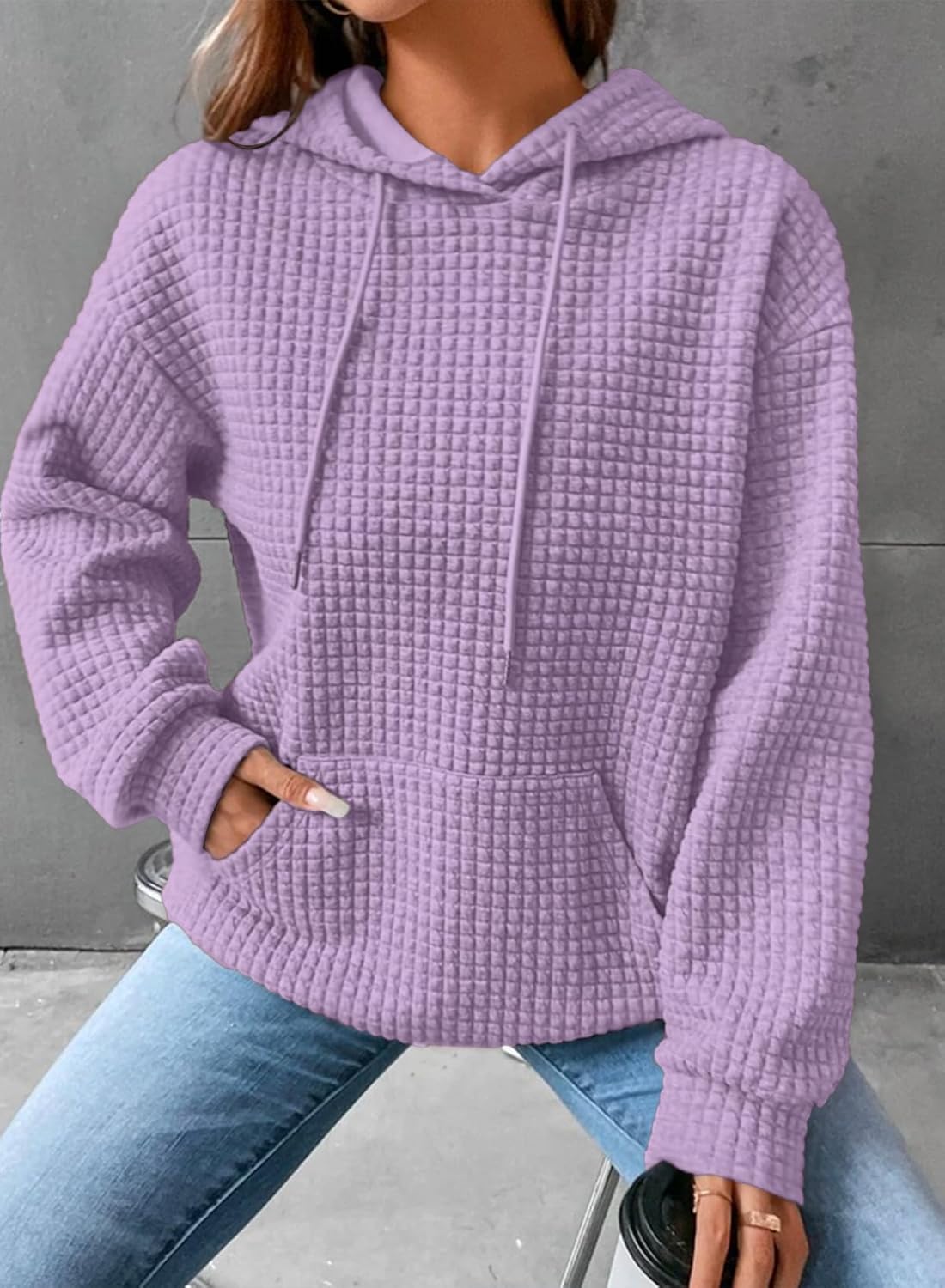 Womens Hoodies Casual Long Sleeve Drawstring Waffle Pullover Tops Loose Hooded Sweatshirt with Pocket