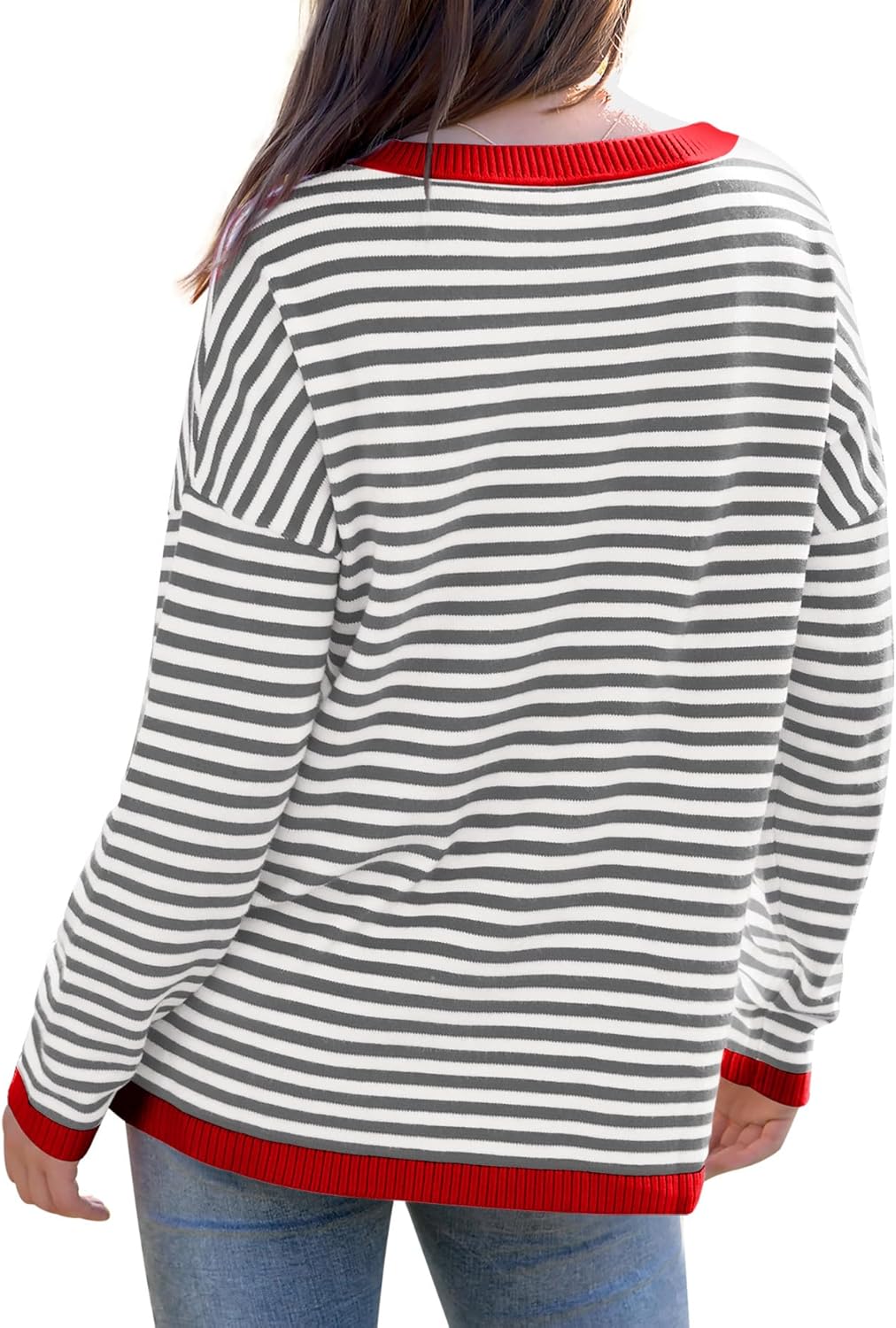 Womens Sweaters Dressy Casual Long Sleeve Tops Round Neck Striped Fashion