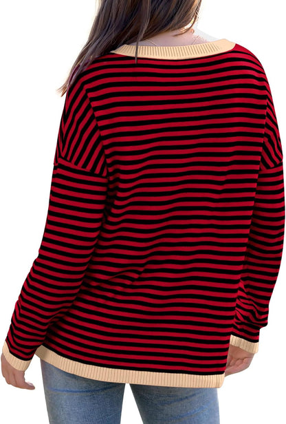 Womens Sweaters Dressy Casual Long Sleeve Tops Round Neck Striped Fashion