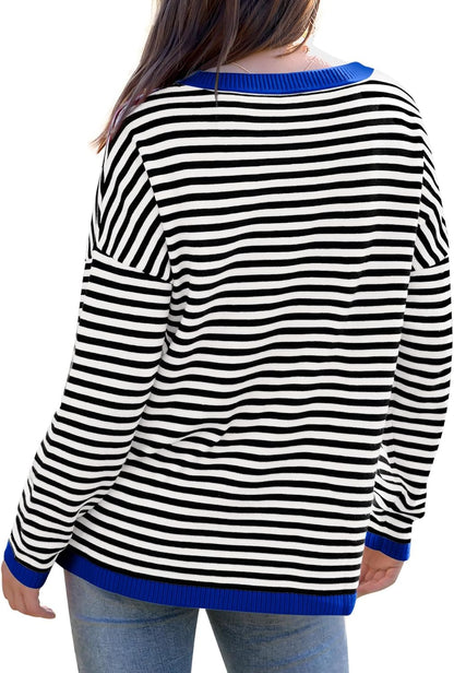 Womens Sweaters Dressy Casual Long Sleeve Tops Round Neck Striped Fashion