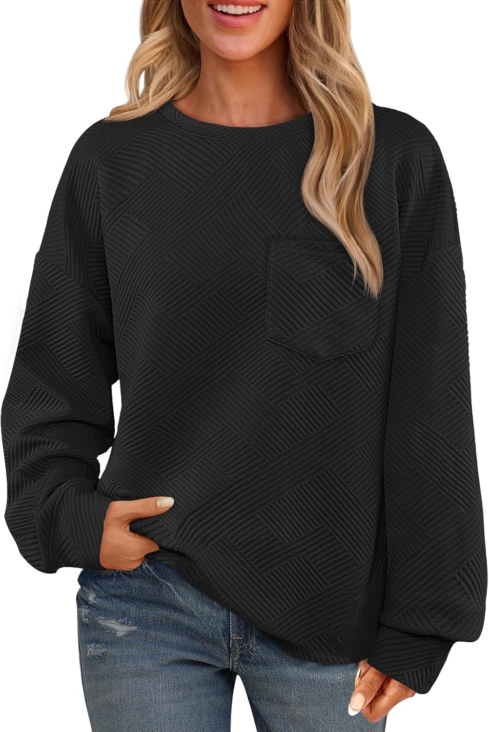 Women's 2024 Fall Long Sleeve Oversized T Shirt Casual Crewneck Basic Textured Pullover Sweatshirt Tops