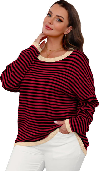 Womens Sweaters Dressy Casual Long Sleeve Tops Round Neck Striped Fashion