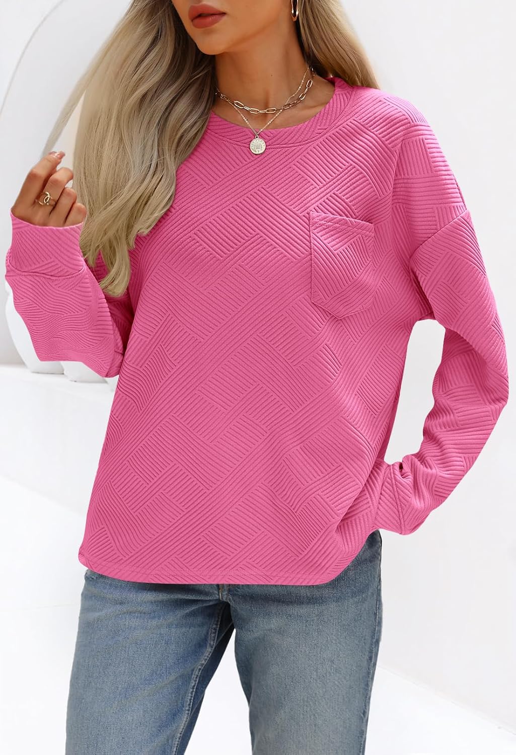 Women's 2024 Fall Long Sleeve Oversized T Shirt Casual Crewneck Basic Textured Pullover Sweatshirt Tops