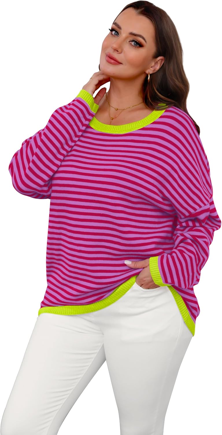 Womens Sweaters Dressy Casual Long Sleeve Tops Round Neck Striped Fashion