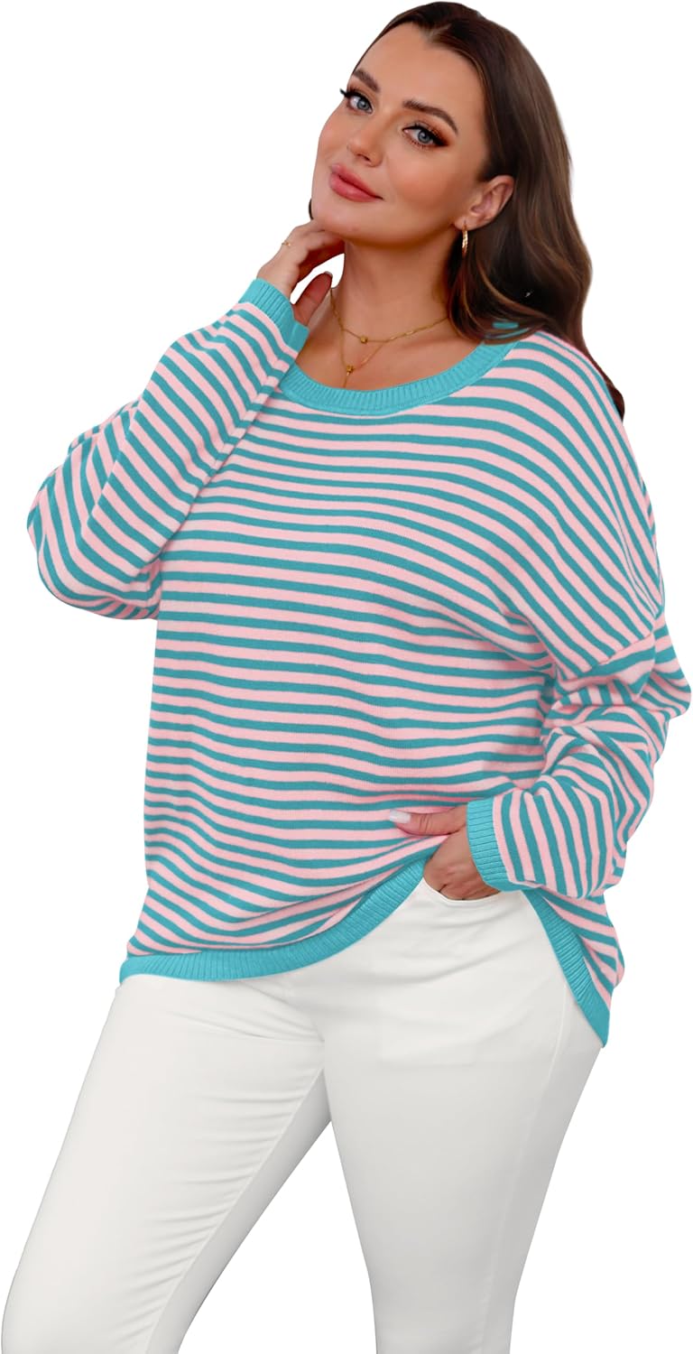 Womens Sweaters Dressy Casual Long Sleeve Tops Round Neck Striped Fashion