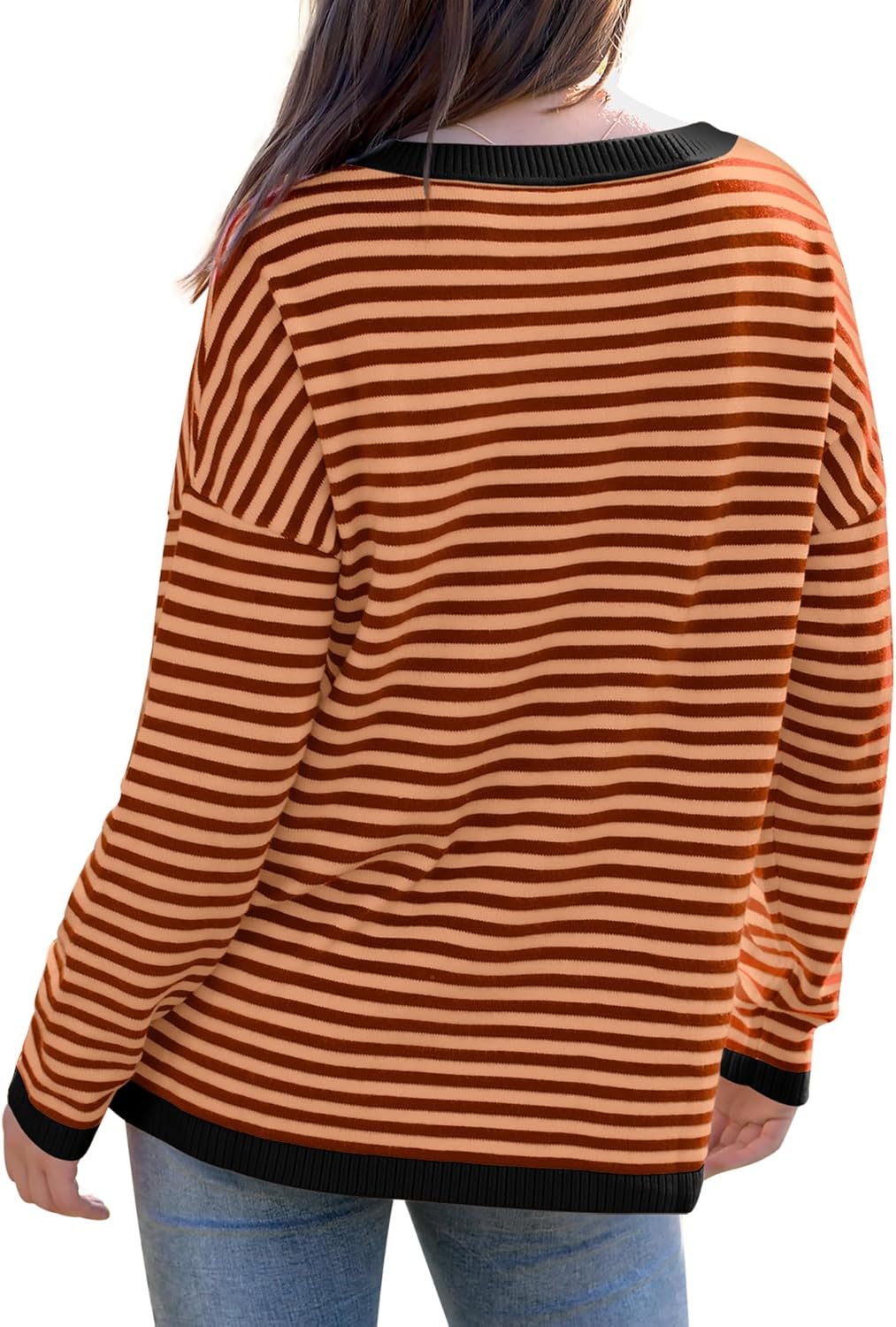 Womens Sweaters Dressy Casual Long Sleeve Tops Round Neck Striped Fashion