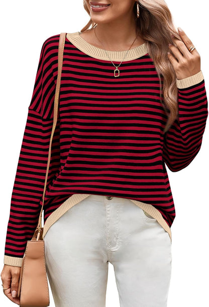 Womens Sweaters Dressy Casual Long Sleeve Tops Round Neck Striped Fashion