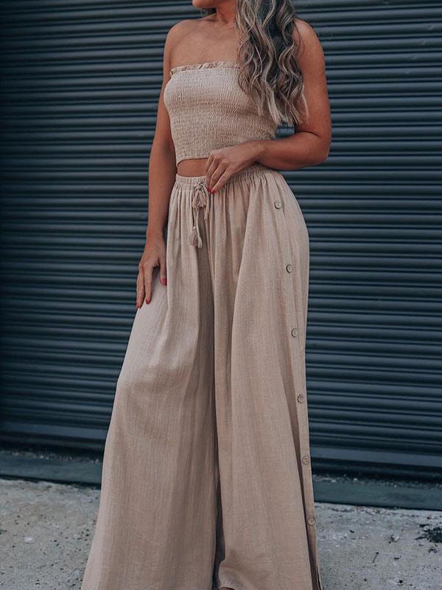 Solid Color Chest Wrap Top Wide Leg Pants Two-piece Set