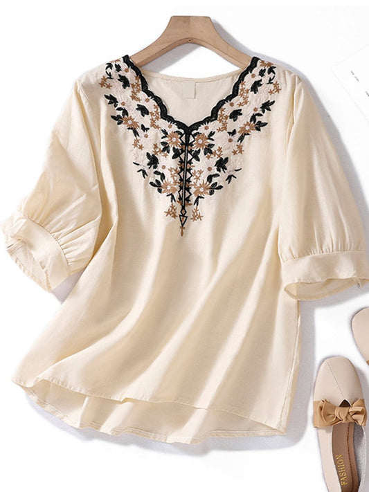 Art Retro Embroidery V-neck Cotton And Linen Shirt