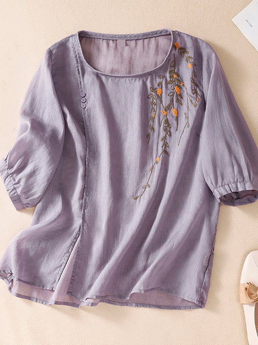 Embroidered Art Cotton And Linen Loose Pullover Top