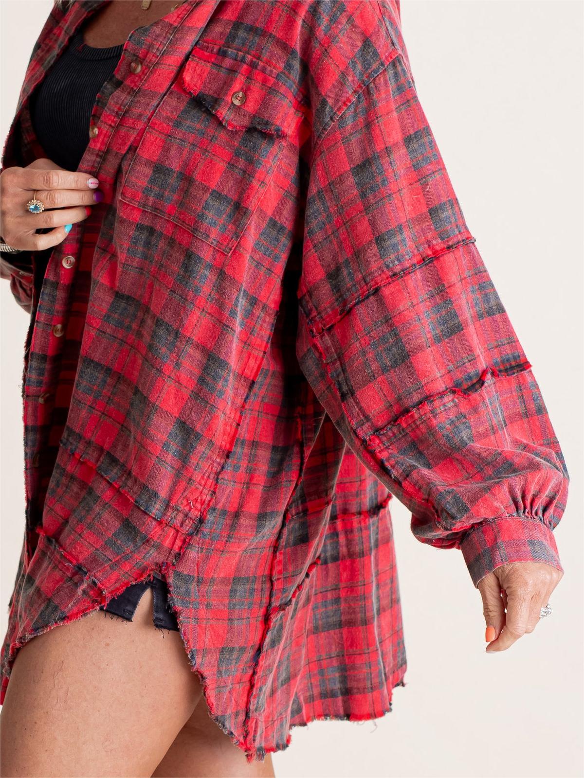 Women's Seams Raw Edge Washed Oversized Shirt Jacket with Pockets