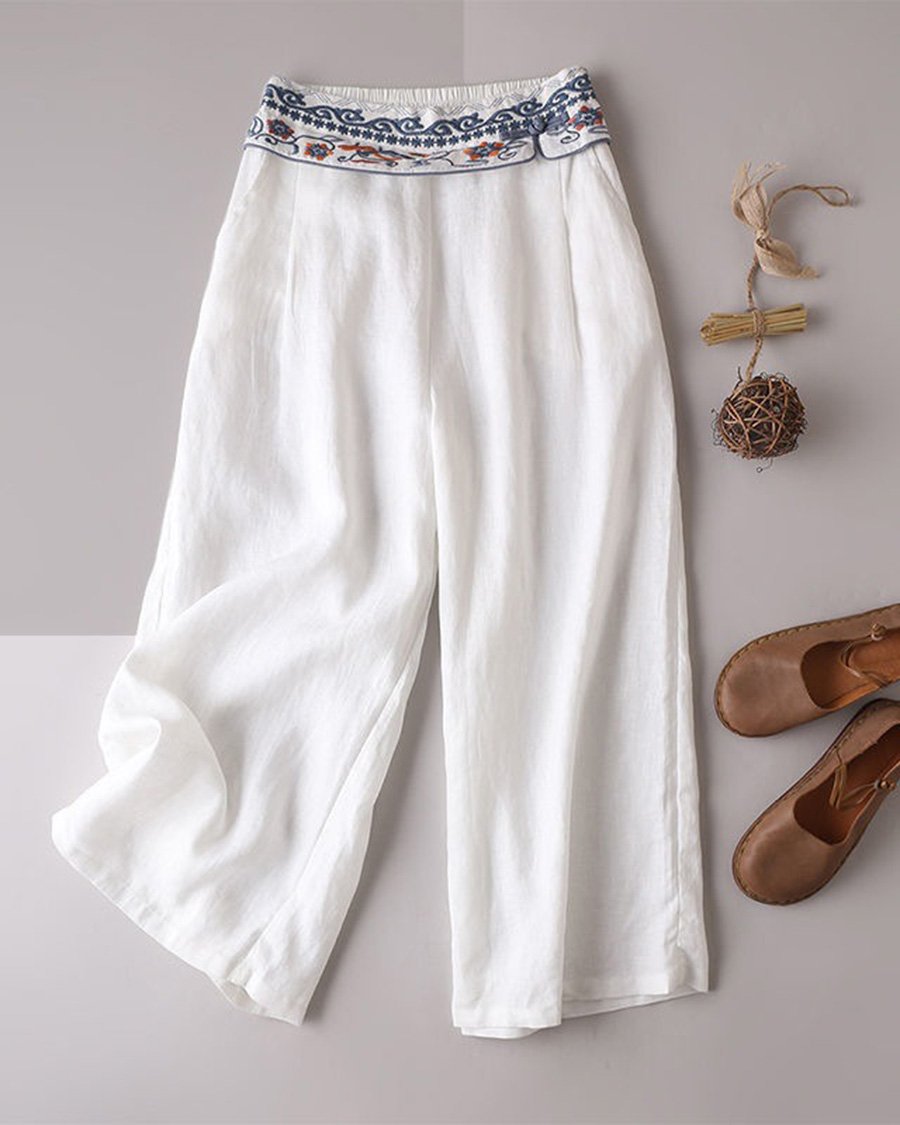 Ethnic Embroidered Waist Wide Leg Pants