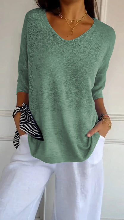 Solid Color Knitted V-neck Top