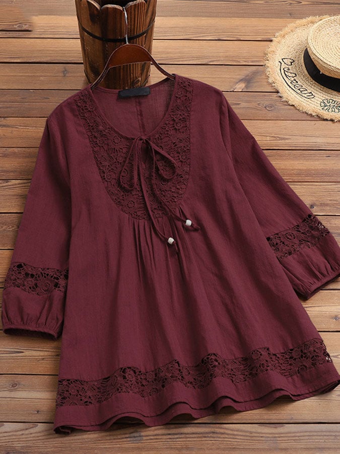 Women's Solid Color Lace Tie Cotton Cotton Shirt