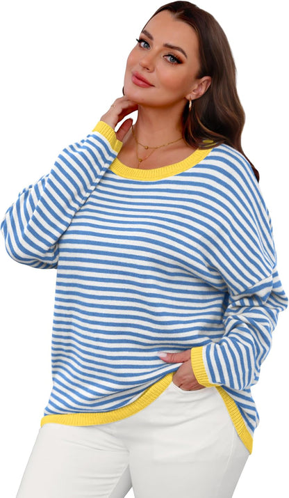 Womens Sweaters Dressy Casual Long Sleeve Tops Round Neck Striped Fashion