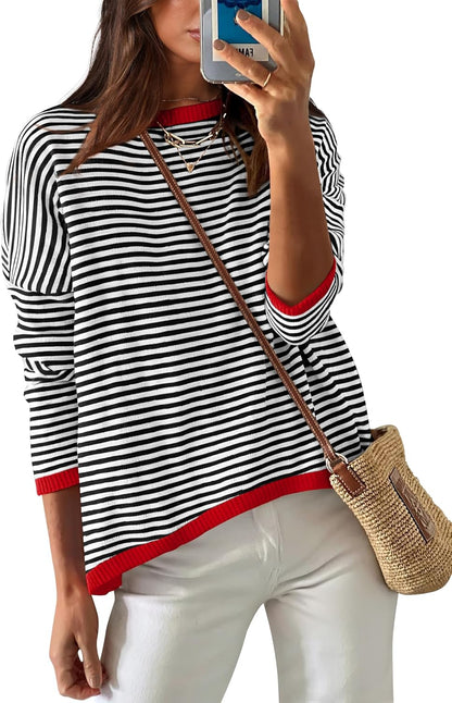 Womens Sweaters Dressy Casual Long Sleeve Tops Round Neck Striped Fashion