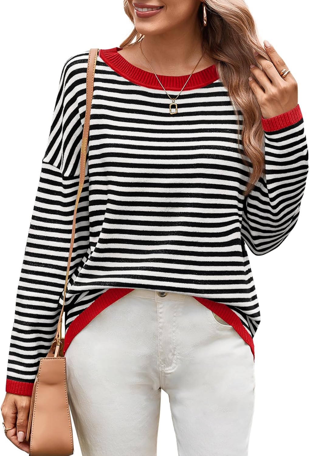 Womens Sweaters Dressy Casual Long Sleeve Tops Round Neck Striped Fashion