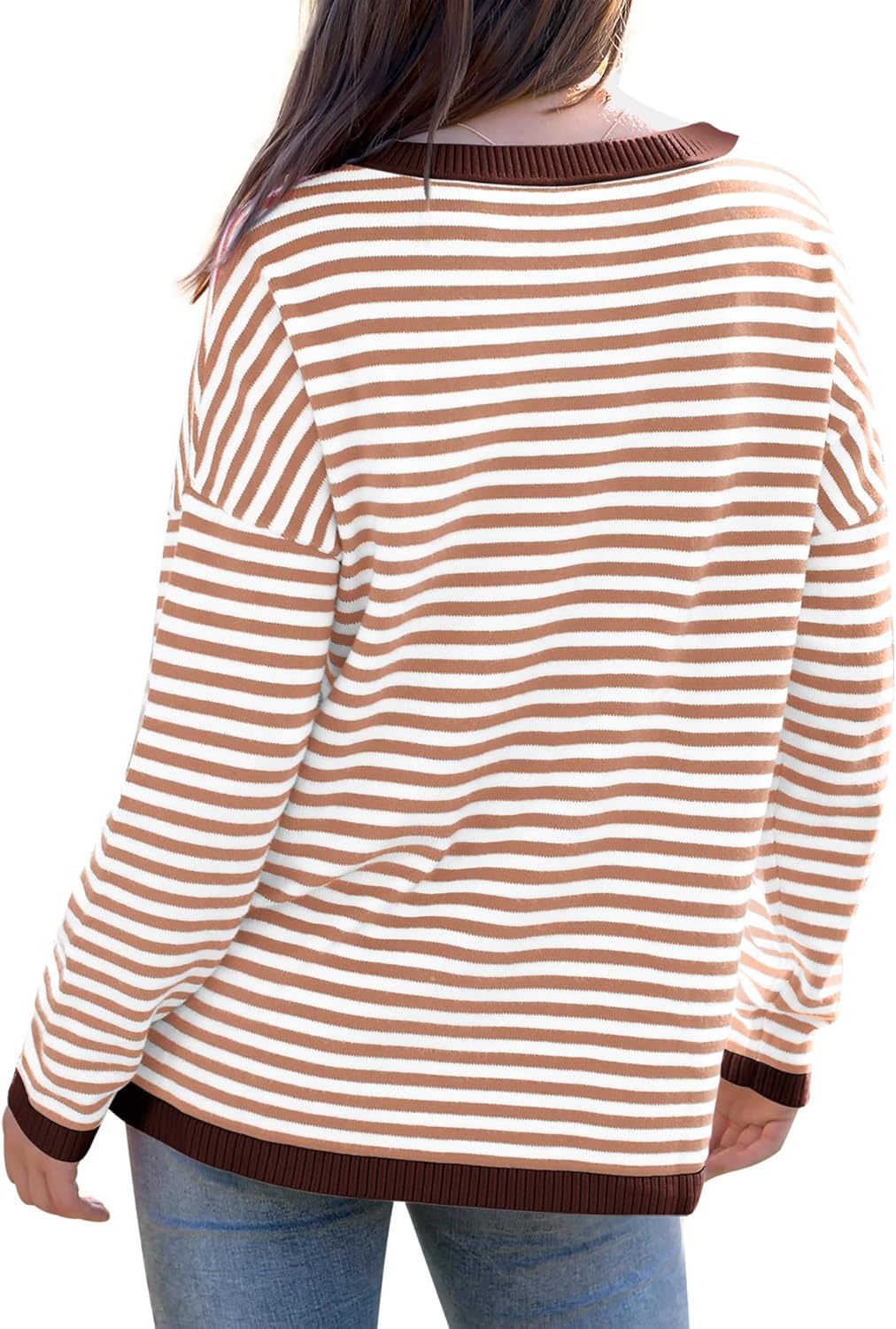 Womens Sweaters Dressy Casual Long Sleeve Tops Round Neck Striped Fashion