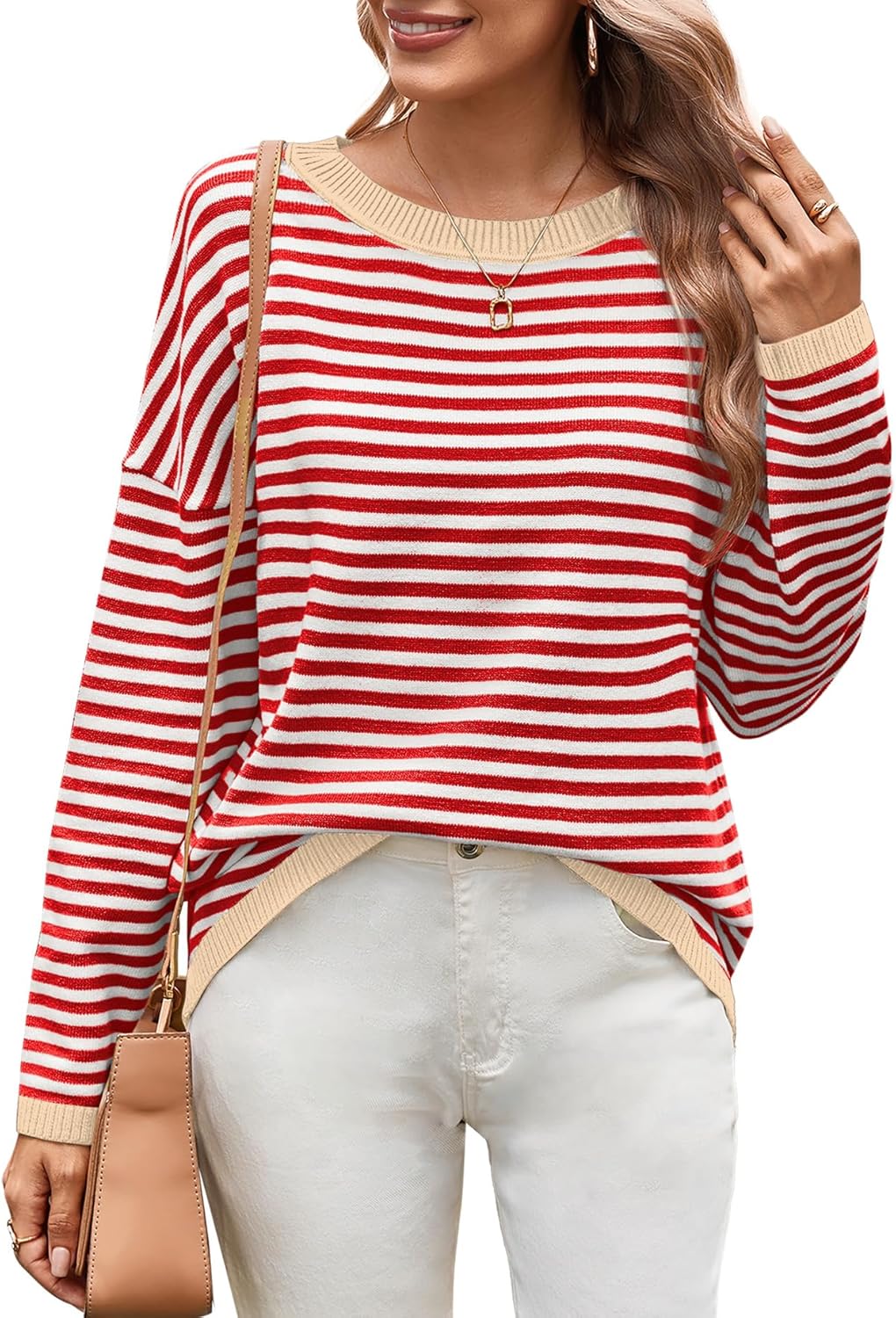 Womens Sweaters Dressy Casual Long Sleeve Tops Round Neck Striped Fashion