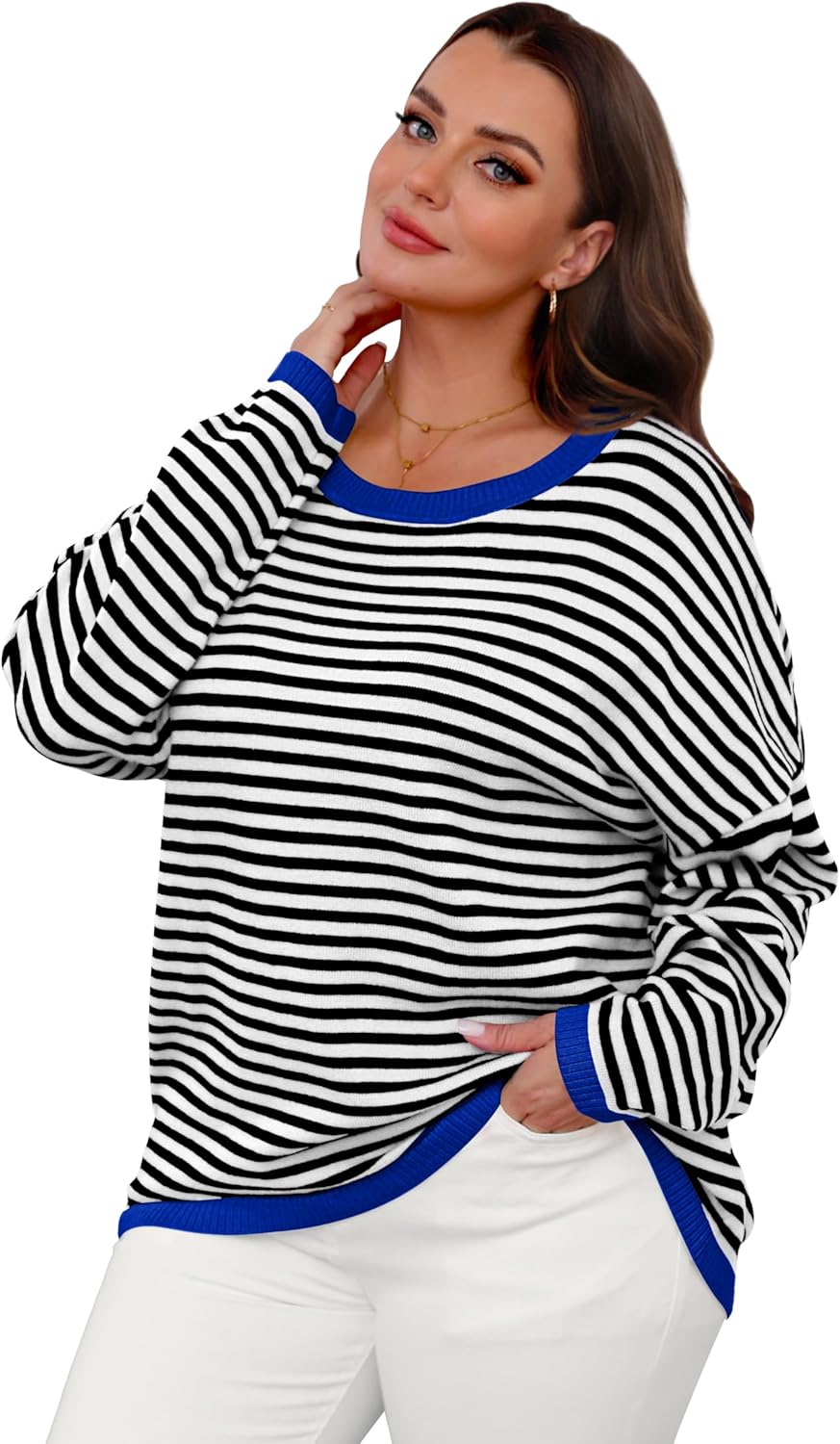 Womens Sweaters Dressy Casual Long Sleeve Tops Round Neck Striped Fashion