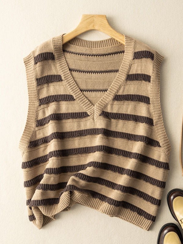 Knitted V-Neck Stripes Classic Loose Vest Coat