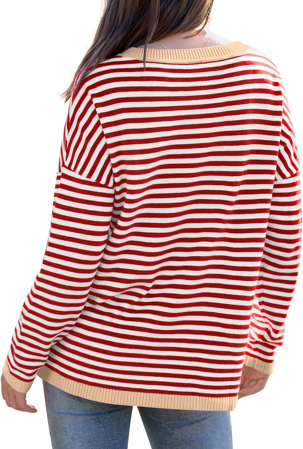 Womens Sweaters Dressy Casual Long Sleeve Tops Round Neck Striped Fashion