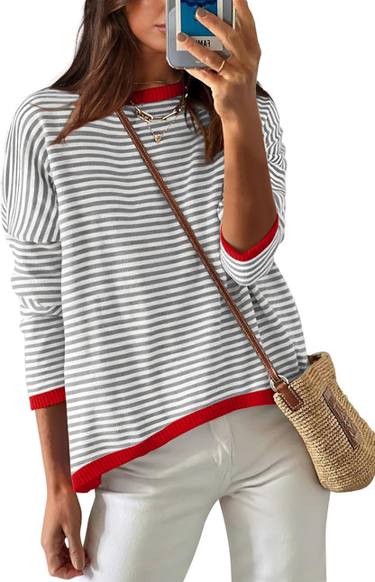 Womens Sweaters Dressy Casual Long Sleeve Tops Round Neck Striped Fashion