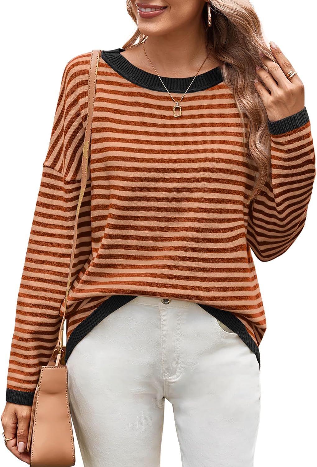 Womens Sweaters Dressy Casual Long Sleeve Tops Round Neck Striped Fashion