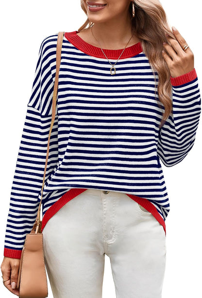 Womens Sweaters Dressy Casual Long Sleeve Tops Round Neck Striped Fashion