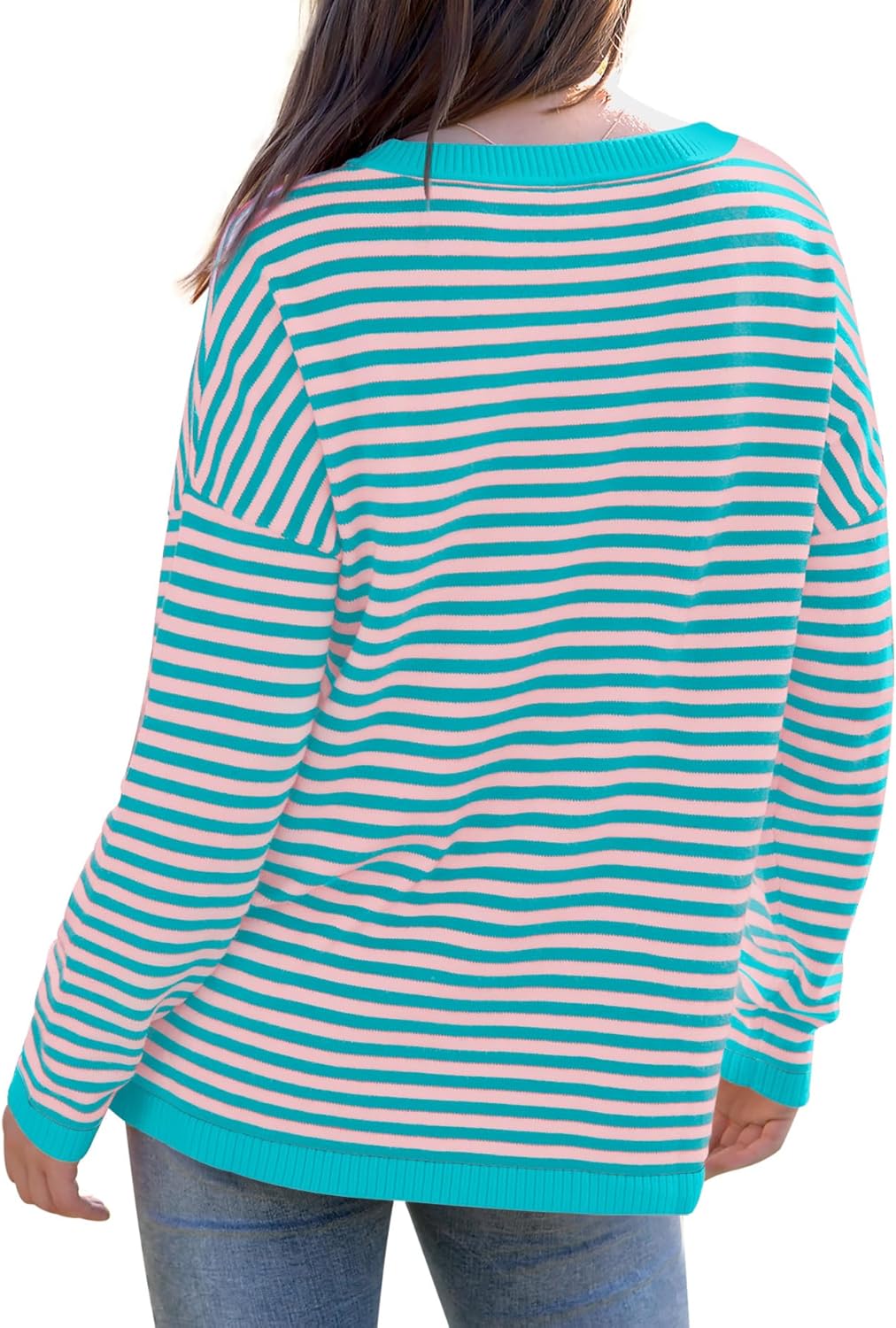 Womens Sweaters Dressy Casual Long Sleeve Tops Round Neck Striped Fashion