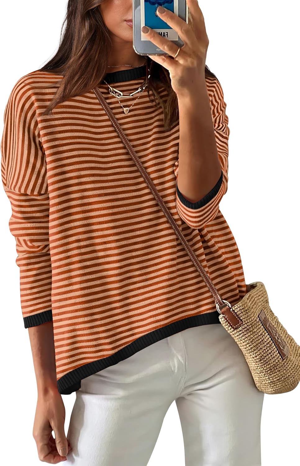 Womens Sweaters Dressy Casual Long Sleeve Tops Round Neck Striped Fashion