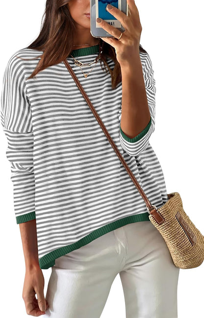 Womens Sweaters Dressy Casual Long Sleeve Tops Round Neck Striped Fashion