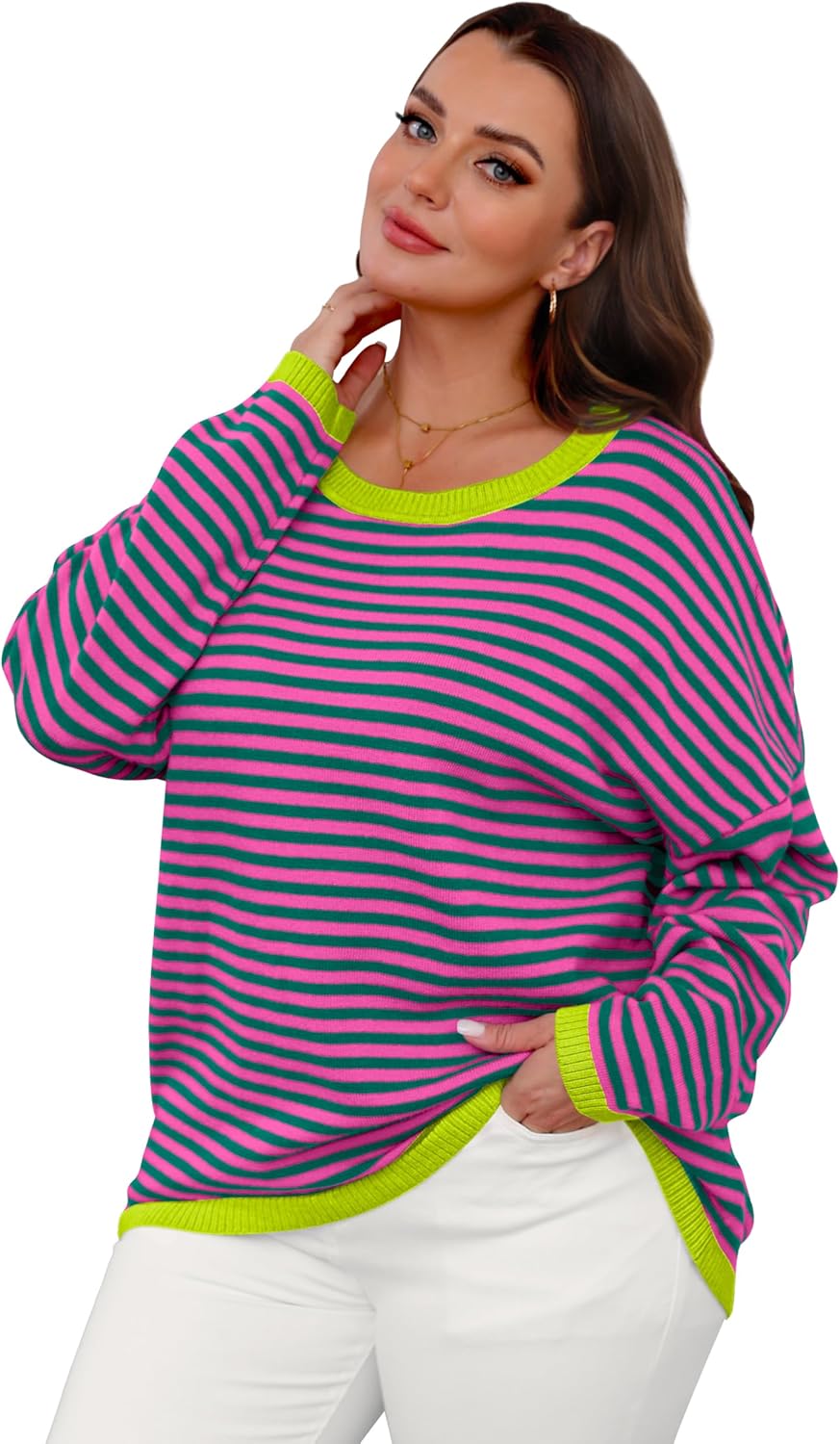 Womens Sweaters Dressy Casual Long Sleeve Tops Round Neck Striped Fashion