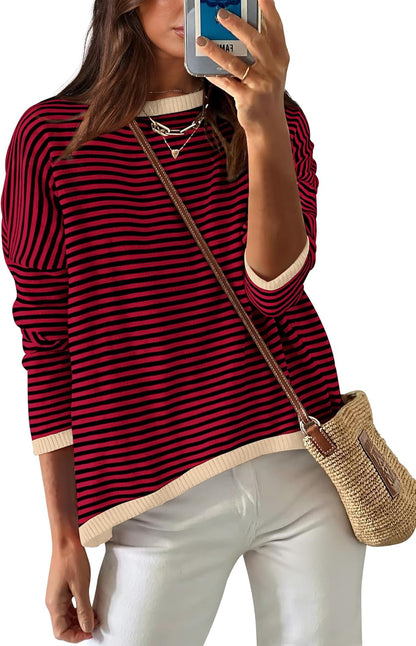 Womens Sweaters Dressy Casual Long Sleeve Tops Round Neck Striped Fashion