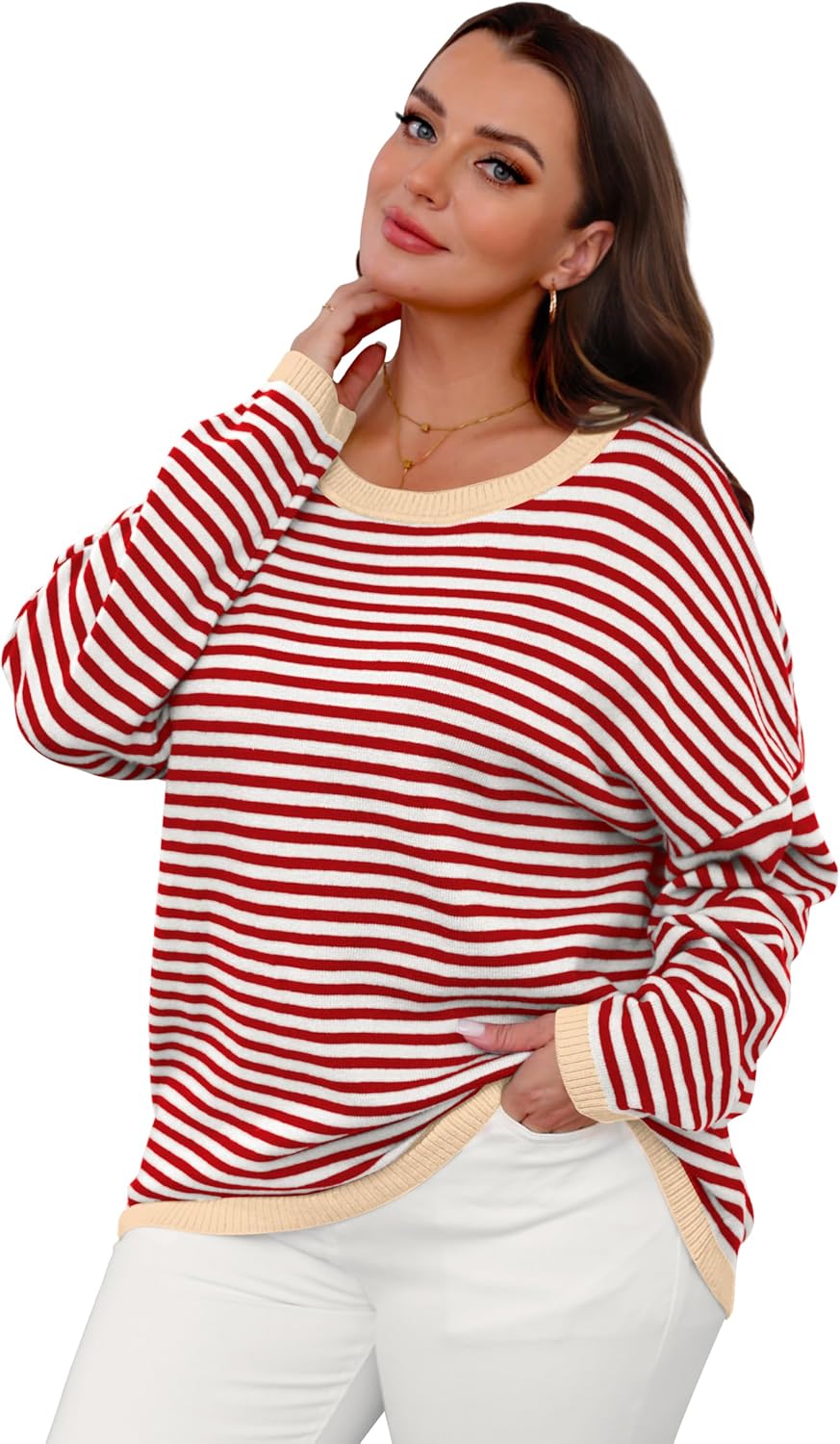 Womens Sweaters Dressy Casual Long Sleeve Tops Round Neck Striped Fashion