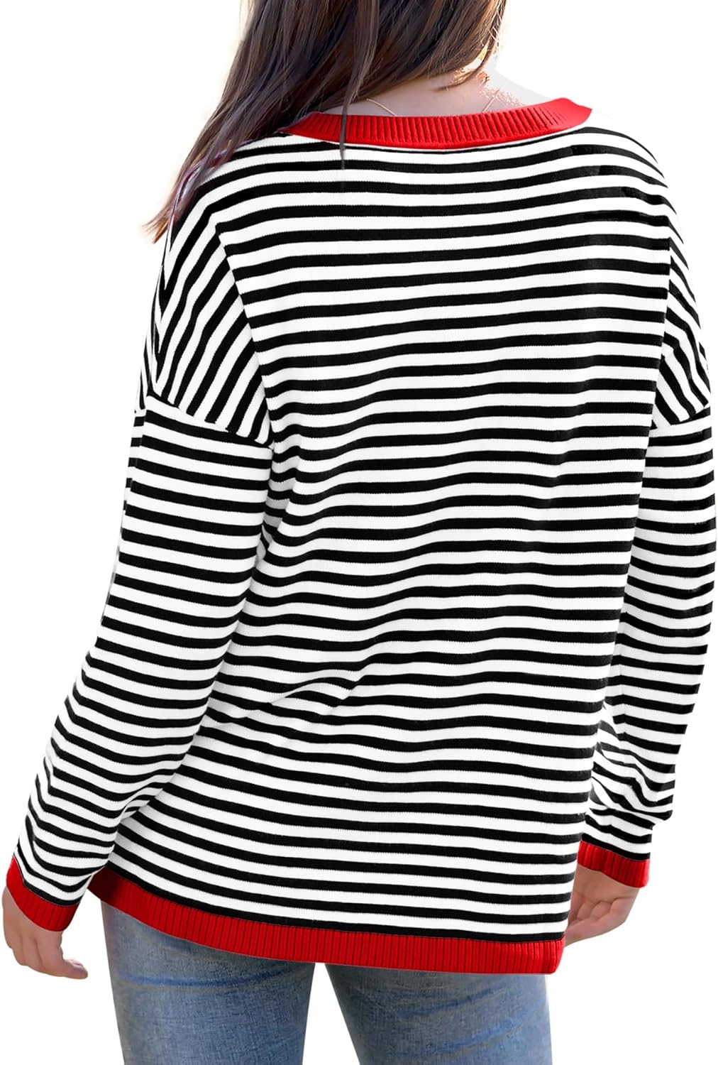 Womens Sweaters Dressy Casual Long Sleeve Tops Round Neck Striped Fashion