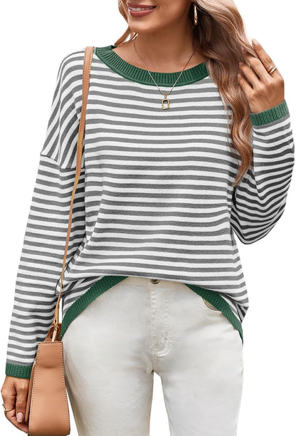 Womens Sweaters Dressy Casual Long Sleeve Tops Round Neck Striped Fashion