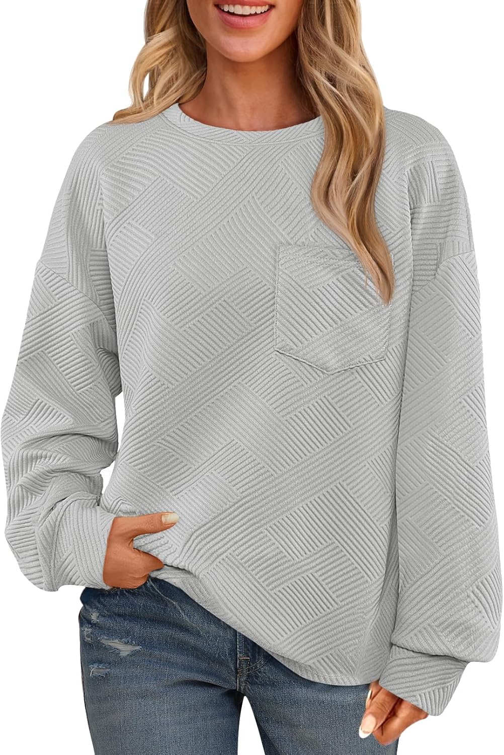 Women's 2024 Fall Long Sleeve Oversized T Shirt Casual Crewneck Basic Textured Pullover Sweatshirt Tops